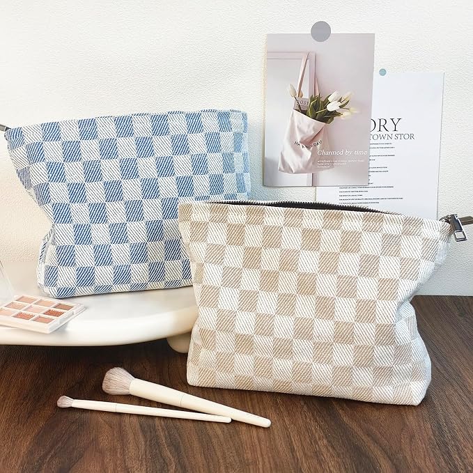 STARDW Checkered Makeup Bag Cosmetic Travel Bag, Toiletry Bag for Women | Canvas Lined Makeup Pouch for Skincare, Brushes, Toiletries & Travel Essentials, Cute Purse Organizer Pouches with Zipper