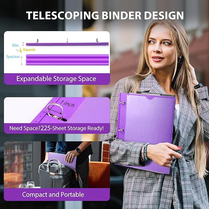 WOT I 1 Inch Telescoping 3 Ring Binder 4 Pack, Expandable Flexible Binder with Customizable Front Cover & Clear Catalog Pocket, Holds 8.5"x11" Paper, Assorted Colors, School Office Supplies