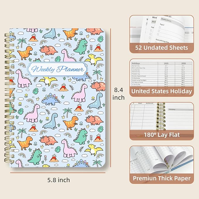 Weekly Planner Undated - 52 Weeks To Do List Notebook A5 for Work: Weekly Task, Habit Tracker Journal, Goal Setting, Agenda Sprial Bound Organizer Book for Women Cute Stylish Design, Dino