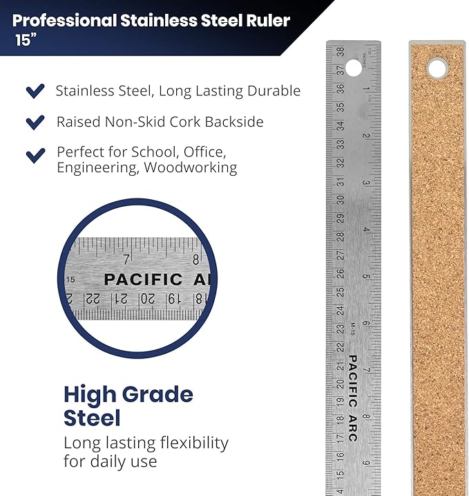 Pacific Arc Stainless Steel 15 Inch Metal Ruler Non-Slip Cork Back, with Inch and Metric Graduations