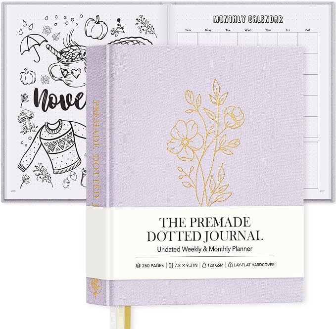 Everloria Premade Dotted Journal, 12 Months Pre-made Templates Bullet Notebook, 260 Hand-Drawn Coloring Pages, Undated Weekly & Monthly Planner, 7.8"x9.3" Linen Dot Grid Habit Mood Tracker, Lilac