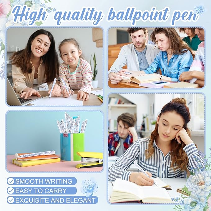 Resurhang 60 Pcs Blue and White Floral Ballpoint Pens 0.5 mm Black Ink Chinoiserie Gel Pens Vintage Aesthetic Retractable Ballpoint Office School Supplies for Bridal Baby Shower Wedding