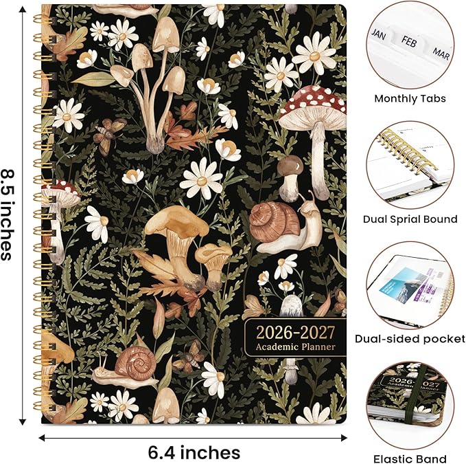 Academic Planner 2026-2027, Weekly and Monthly Calendar Book, July 2026 – June 2027, Hardcover Planner with Tabs, Perfect for Teachers, Students, Women & Men, A5 (6.4" x 8.5") - Mushroom