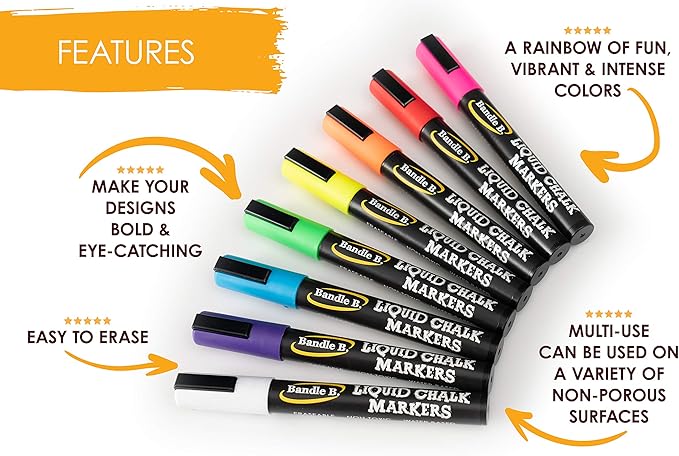 Bandle B. Chalk Markers - 4 White, Erasable, Non-Toxic, Water-Based, Reversible Tips, Crisp White For Kids and Grown-Ups for Glass and Chalkboard Markers for Businesses, Restaurants (6mm)