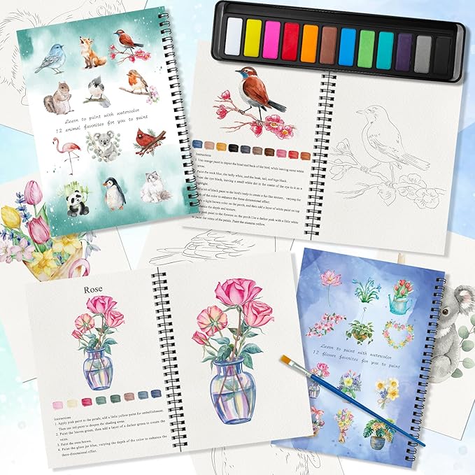 Elfew 2 Pack Watercolor Workbooks Coloring Books, 24 Pages Beginner Friendly Painting Kit, Detailed Steps, 12 Colors Paint Set with Brush, Stress-Relieving Gift for Adults & Women (Animals & Flowers)