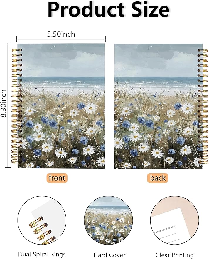 Beach Wildflowers Hardcover Spiral Notebook - Coastal Boho Farmhouse Flowers Nautical Sea Journal for Women, Ocean Themed Gifts for Beach Lovers, White and Blue Daisy Seaside Notebook 5.5x8.3 Inch