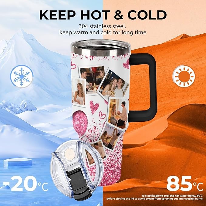 Personalized Tumbler Custom Vacuum Insulated Travel Mug Customizable Coffee Cup with Your Photos and Text Christmas Birthday Gift (Heart Shaped Photo)