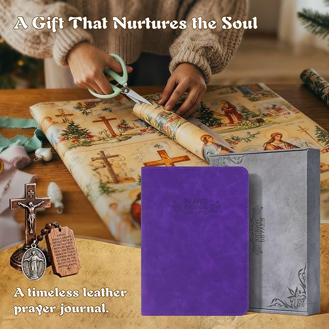 Ospelelf Purple Leather Prayer Journal with Zipper, A5 Travel Size Scripture Study Notebook with Inner Pockets for Stickers & Cards, Daily Devotional Planner for Women Men, Religious Christian Gift, Undated 3 Months