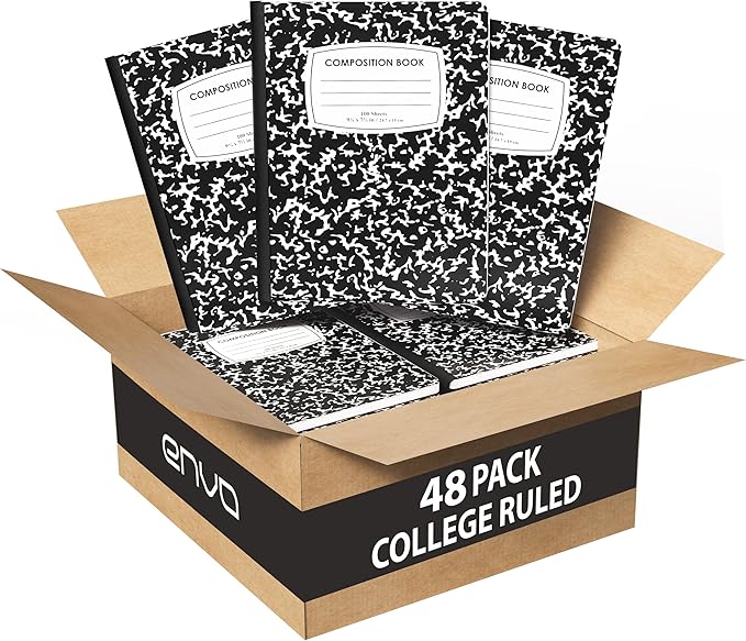 ENVO Composition Notebooks, College Ruled Composition Notebook, Black Marble Covers Composition Notebook, 100 sheets, Bulk (48, College Ruled)