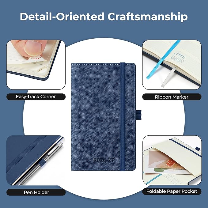 Weekly Monthly 2026-2027 Planner (July 26-Dec 27),6.5"x3.75",18 Months Agenda Plan with Month Tabs & Pocket,Expenses/Note Pages, Academic Calendar with Vegan Leather Cover,Blue