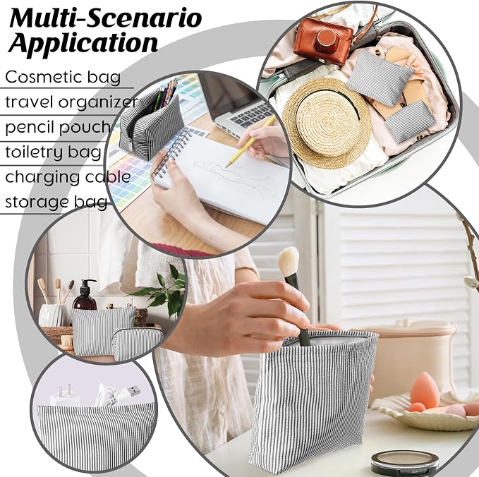 Huhumy 2 Pcs Makeup Bag Set for Women, Black, Thin Striped Seersucker | Cute Cosmetic Pouch Women Travel Toiletry Bag Preppy Small Makeup Purse Pouch Aesthetic Skincare Brushes Storage Organizer