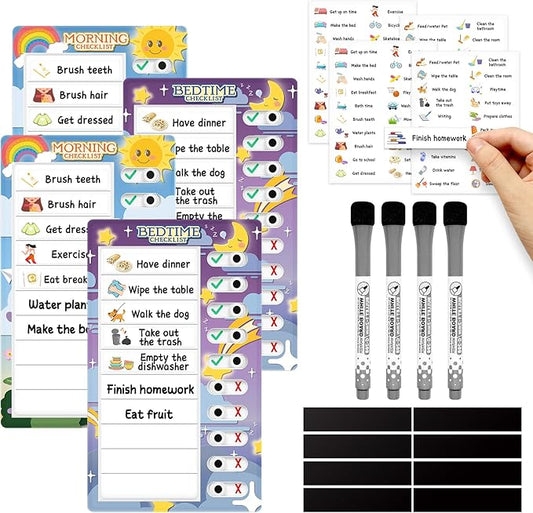 Chore Chart for Kids: Dry Erase to Do List, Morning/Bedtime Routine Chart, Magnetic Checklist, Toddler Visual Schedule, Daily Behavior Chart for Fridge (4 Pack)
