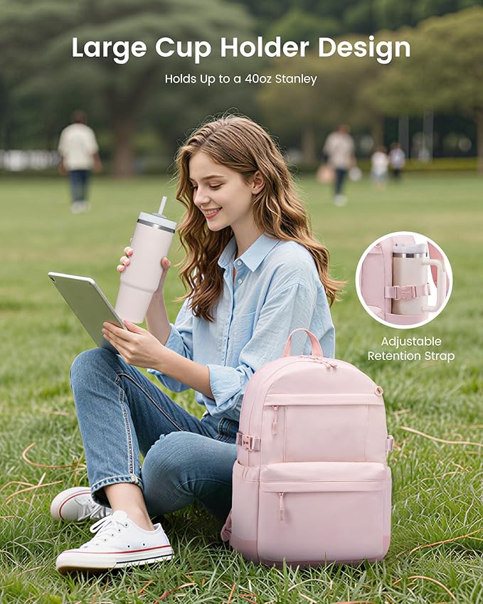LOVEVOOK Laptop Backpack for Women with Giant Tumbler Holder,15.6 Inch Laptop Computer Bag Travel Backpack Purse,Waterproof Work Business Backpack College Bookbag Teacher Bags,Pink