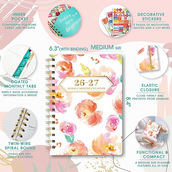 Planner 2026-2027, Academic Year Planner - Daily, Weekly & Monthly Calendar, Jul 2026 - Jun 2027, 6.3" x 8.5", Spiral Notebook with Tabs, Stickers & Inner Pocket, Ideal for School, Office, Home