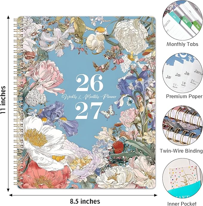 2026-2027 Planner - Academic Planner 2026-2027, July 2026 - June 2027, Planners Weekly and Monthly, 8.5" x 11", Colorful Monthly Tabs, Storage Pocket, Spiral Bound for School Office Home - Floral