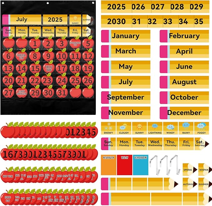 Weysat 128 Pcs Classroom Calendar Pocket Chart Set Calendar Bulletin Board with Pocket Bulletin Board Season Festival Weather Date Chart for Preschool Elementary School Teacher Supplies (Pencil)