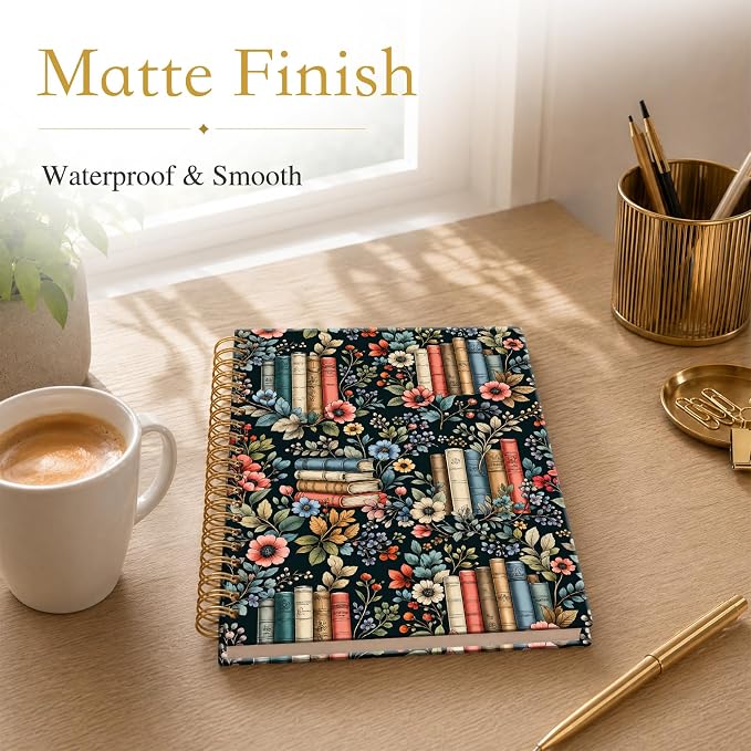 ATJFKIXL Cute Spiral Journal Notebook, A5 120 Page College Ruled Wirebound Notebook, Soft Cover for Students Office Notes and Planning - Floral Bookshelf
