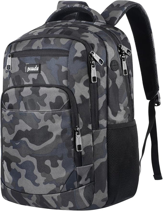 Paude 17 inch Travel Business Backpack for Men,College Backpack School Bookbag for Teens,Laptop Bookbag with USB Port and Headphone Hole,Camouflage Black