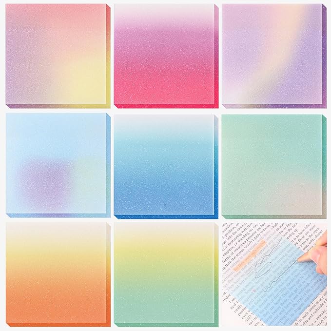 Fullhawl 400 Sheets Gradient Transparent Sticky Notes 3 x 3 Inch Clear Pastel Aesthetic Self-Adhesive Sticky Notes for Annotating Bible Journaling Office College Supplies, 8 Pads