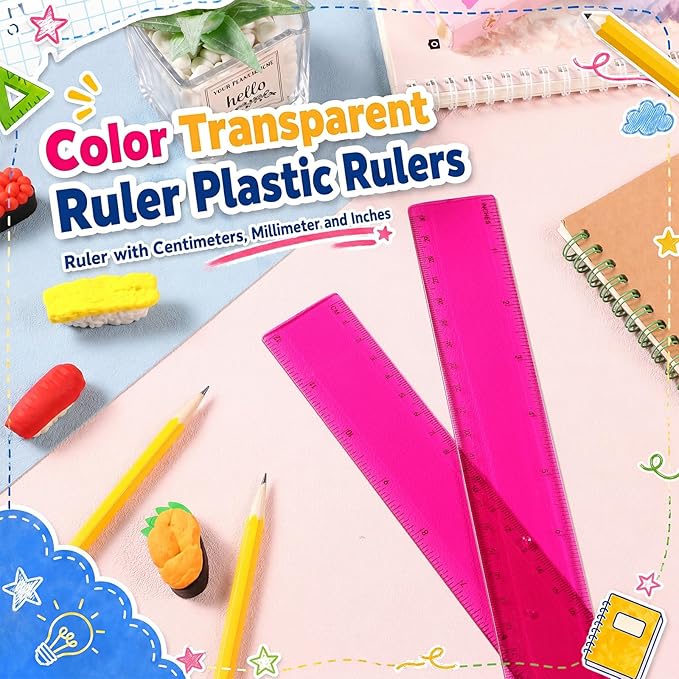 EBOOT 2 Pack Plastic Ruler Straight Ruler Plastic Measuring Tool for Student School Office(Rose Red,12 Inch)