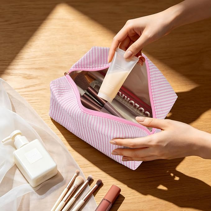 Makeup Bag Travel Toiletry Bag for Women, Small Cosmetic Bags Cute Pink Stripe Aesthetic Organizer Makeup Pouch for Purse Emergency Bag Pencil Case Accessory Bag