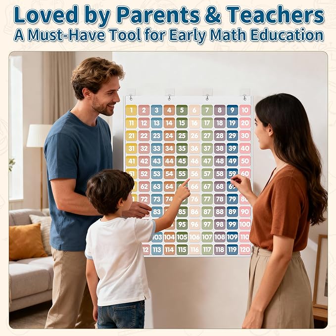 Yoink Hundred Pocket Chart with 120 Pockets and 135 Double-Sided Number Cards, Boho Number Pocket Chart for Kids Classroom Home Kindergarten, White