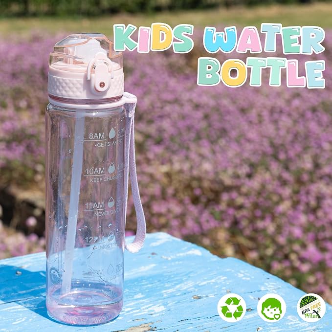 OLDLEY 17oz Kids Water Bottle, Tritan BPA-Free, Leakproof Flip Straw Lid, Motivational Time Marker, Carry Strap, Reusable Clear Water Bottle for Boys & Girls,Cherry Blossom