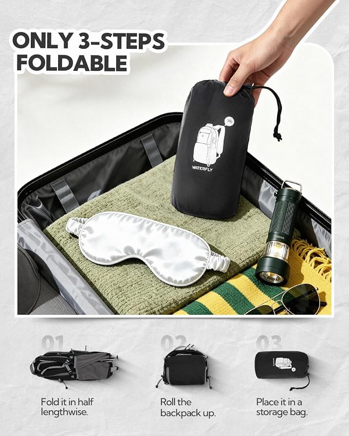 WATERFLY Packable Hiking Backpack, 20L Small Lightweight Foldable Daypack | Phone Pocket, Only 3 Steps Foldable, Breathable Shoulder Strap, Comfortable Folding Bag Pack for Women Men Travel Outdoor