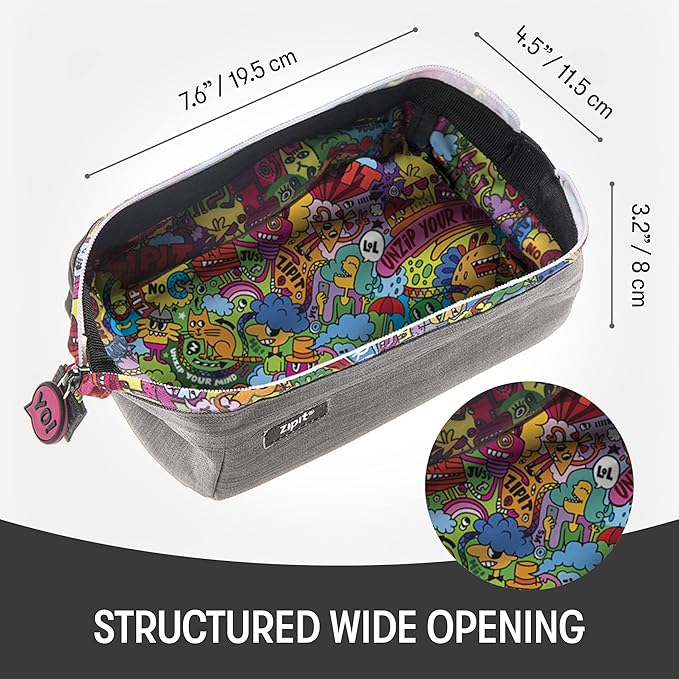 ZIPIT: Lenny Pencil Case - Grey & Doodles - Large Storage Capacity Zipper Pouch, Makeup-Stationery Bag, School, Washable Polyester, Kids-Teens-Adults