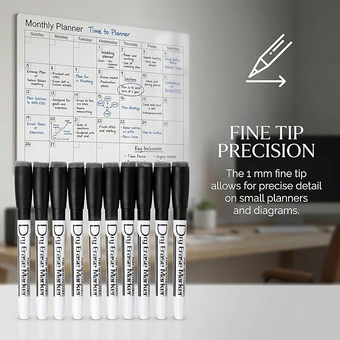 Volcanics Magnetic Dry Erase Markers With Eraser Low Odor Fine Tip Whiteboard Pens Pack of 12, Black