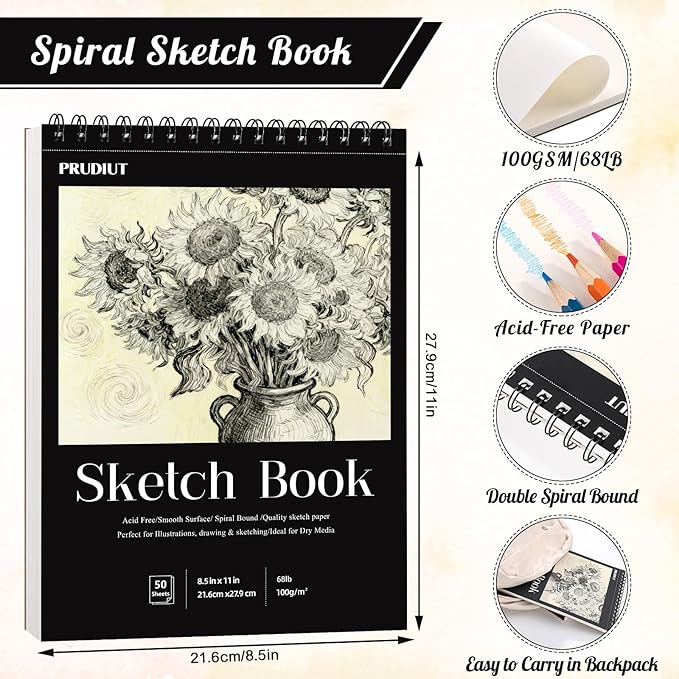 Prudiut Sketch Book Sketch Pad 8.5x11, Sketchbooks for Drawing 50 Sheets Acid Free Paper Spiral Binding Perforated Hardcover for Beginners Artists Ideal Gift Media Pencil Charcoal