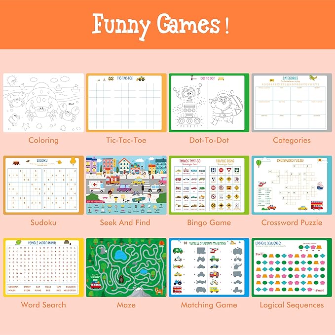 Sticker Activity Book, 690 Reusable Stickers, 15 Dry-Erase Scenes & 16 Fun Games, Side By Side Vehicle-Themed Activity Book, Educational Hands-on Travel Game - Great for Toddlers, Kids, Boys & Girls