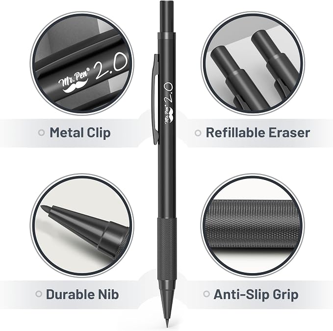 Mr. Pen- Metal Mechanical Pencil Set with Lead Refills & Erasers, 5 Pack | 5 Sizes, 0.3, 0.5, 0.7, 0.9 & 2mm, 6x Tubes HB, 2B & Colored Lead Refills for School Supplies, Note Taking, Fathers Day Gift