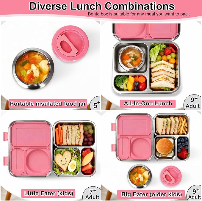 Stainless Steel Bento Lunch Box-8+ Older Kids，Teens ＆ Adult with Insulated Food Jar,Leakproof 3-Compartment,BPA-Free, Eco-Friendly,Dishwasher Safe, Large-Capacity Box, School,Office,Travel （Pink)