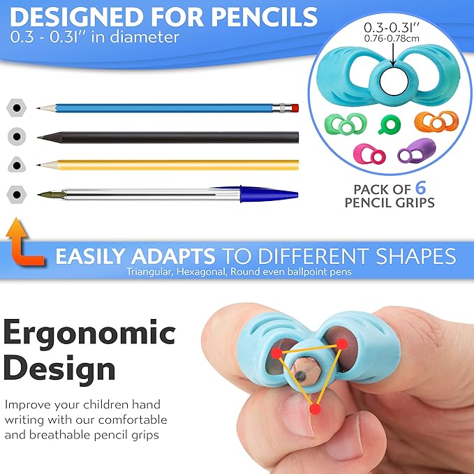 Stylo 6 Pack Pencil Grips for Kids Handwriting - Ergonomic Pencil Grippers for Toddlers Ages 2-5, Preschool & Kindergarten - Left Handed & Right Hand Writing Tools - Occupational Therapy Grip