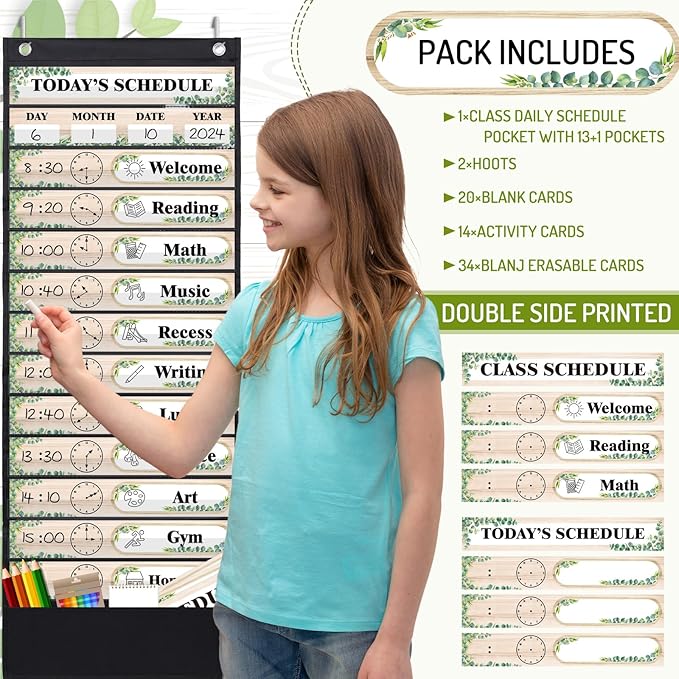 JarThenaAMCS Boho Greenery Daily Schedule Pocket Chart Simply Eucalyptus Leaf Design Classroom Time Charts with 36Pcs Reusable Cards Welcome Back to School Decorations for Home Educational Activity