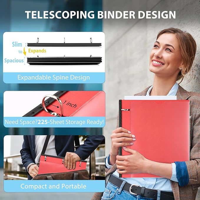 WOT I Telescoping 3 Ring Binder 1 Inch 12-Pack, Expandable Flexible Binder - Patented Design for Easy Portability, Holds 8.5"x11" Paper, 4 Bright Colors for School, Office&Home Organization