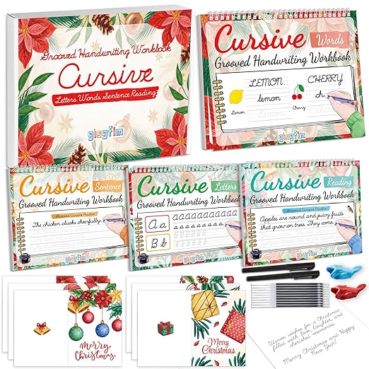 gisgfim 4 Pack Christmas Grooved Cursive Handwriting Practice with Greeting Card Disappearing Ink Pens Magic Reusable Grooved Cursive Writing Workbooks for Beginners Words Sentence Reading Letters