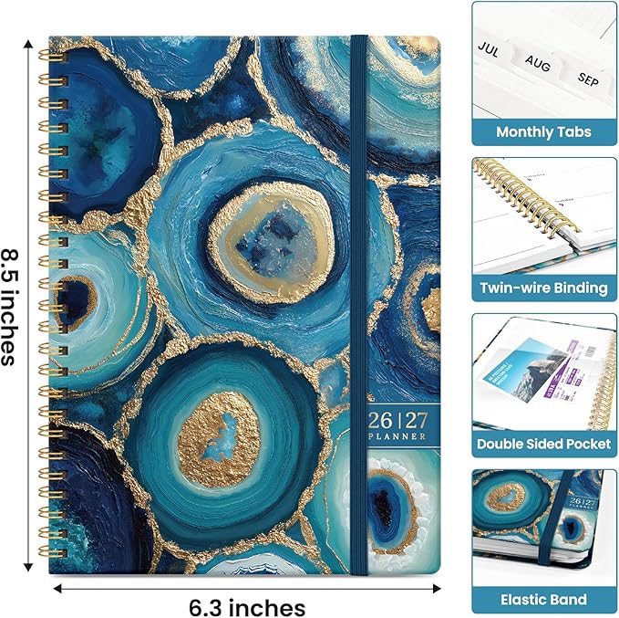 Planner 2026–2027, Academic Monthly Weekly Spiral Calendar, July 2026 – June 2027, Hardcover Agenda Notebook with Tabs, 6.3" x 8.5", Perfect for Students, Teachers, School & Daily Planning - Blue Agate
