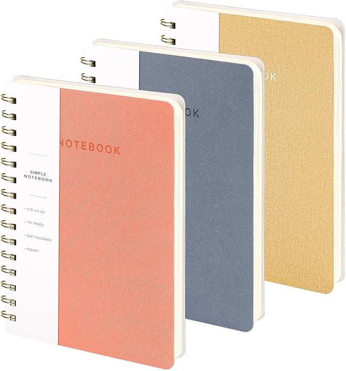 Spiral Notebook-5.75" x 8.125" College Ruled Journal with Inner Pockets and 160 Pages,PU Leather Cover Business Journal, Twin-Wire Binding Notebook Perfect for Office & Home School Supplies 3 pack Pink ReefBlue Khaki