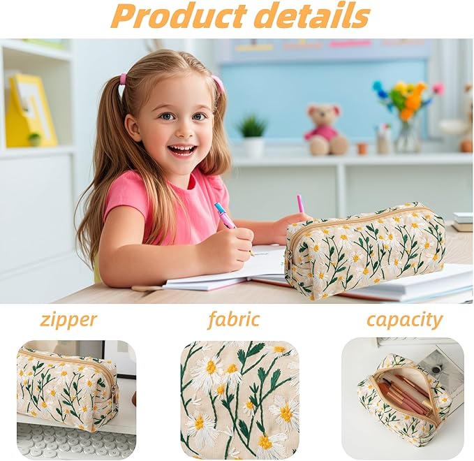 Carry bloom Pencil Pouch Cute Pencil Case for Girls Aesthetic Pencil Bag with Zipper Pen Cases School Supplies Makeup Bag (5 floral daisy)