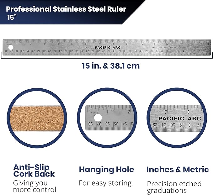 Pacific Arc Stainless Steel 15 Inch Metal Ruler Non-Slip Cork Back, with Inch and Metric Graduations