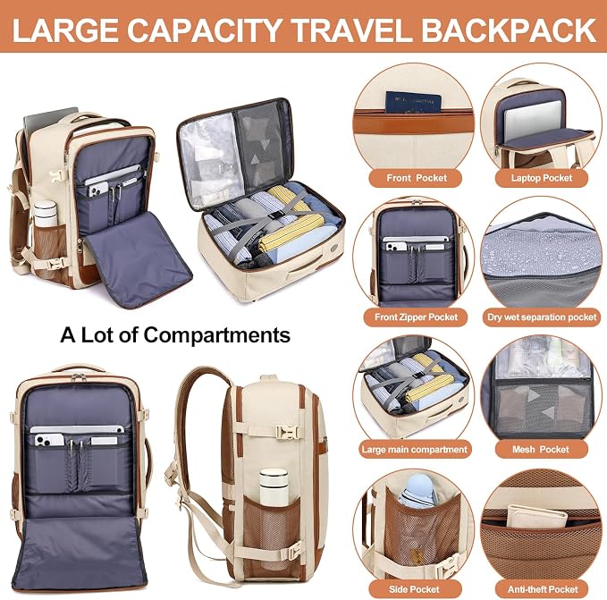 EZUOLA Large Travel Backpack for Women Airline Approved Carry On Backpack with Shoe Pouch,TSA 17.3 inch Laptop Mochila Flight Approved Casual Daypack for Weekender Bookbag Travel Essentials,Beige