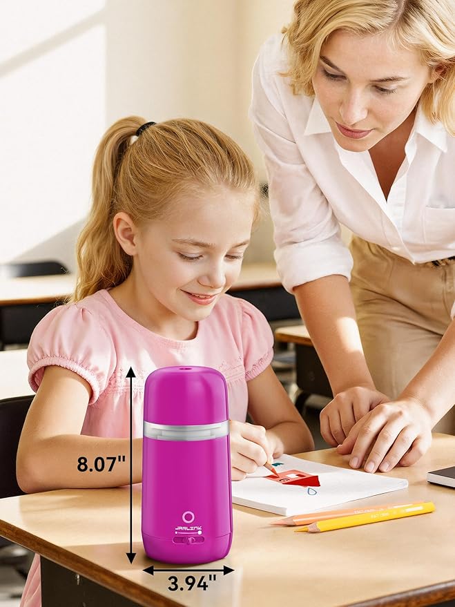JARLINK Automatic Electric Pencil Sharpener - Hands-Free Operation, 3 Sharpness Modes, 3-Second Sharpening, Rechargeable & Portable for 7-12mm Pencils, Ideal for Classroom and Home Use (Pink)