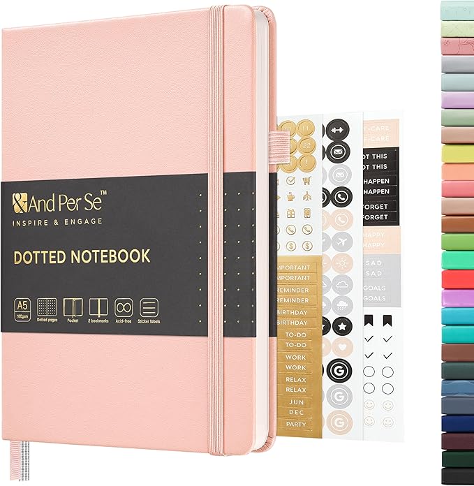 &And Per Se Dotted Journal Notebook, A5 Hardcover Leather Dotted Journal, 160 Pages 100gsm Thick Dot Grid Paper, 3 Sheets of Stickers Included - 5.7'' x 8'' (Pink)