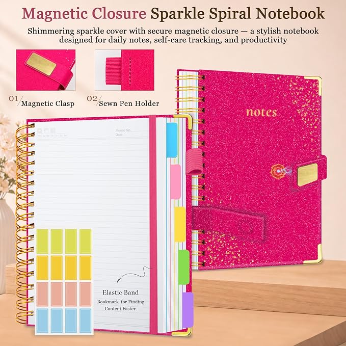 Spiral Notebook Journal 8''x 10'' 5 Subject Notebook with Dividers, 300 Pages Notebook College Ruled with Magnetic Closure, B5 Tabbed Notebooks for Work School, Sparkle Journal for Women (Rose Red)
