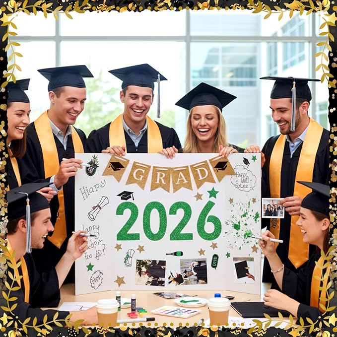 Eaasty 4 Pack Graduation Photo Display Board Decoration 24 X16 Inch Trifold Poster Board with Banners White Trifold Picture Display for Table Decor Class of 2026 Grad Party Collage Frame Supplies