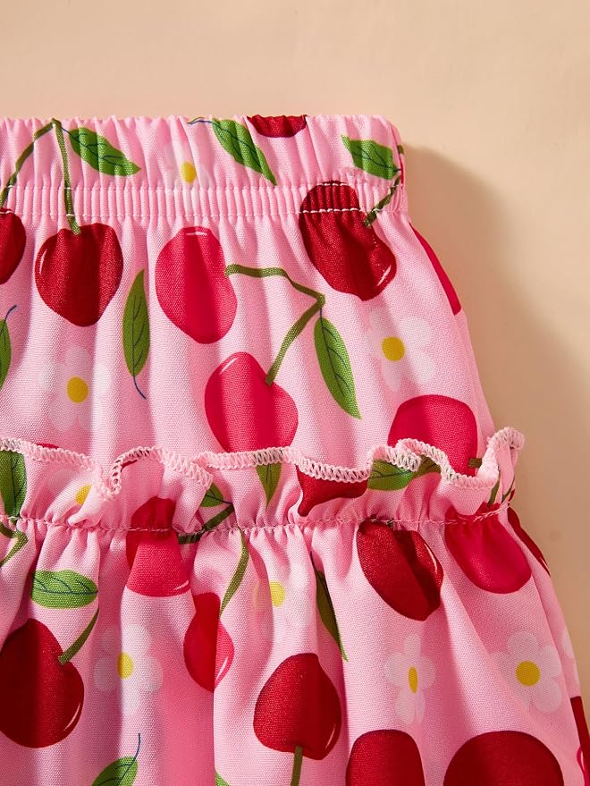 Little Girls Skirt Set - 2 Piece Short Sleeve Top Shirred Tiered Skirt Outfit Girls Spring Summer Clothes 3-8 Years