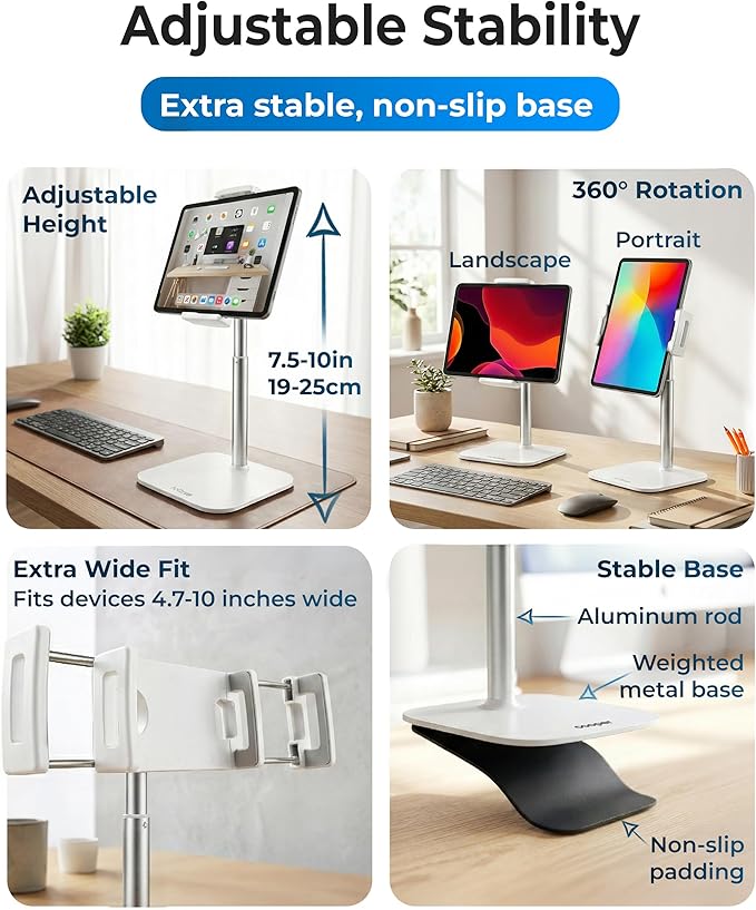COOPER TabStand Mini, 10" Height Adjustable Tablet Stand, Ipad Stand for Desk, Portable Monitor Holder, Heavy Duty Grip, Tripod iPad Holder, Tablet Mount, for Samsung Tablets, Kindle eReaders (White)