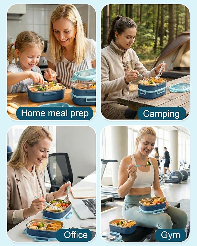 Lille Home Stackable Stainless Steel Bento Lunch Box + Insert Cutlery, 56oz | 2 Tier Leakproof Metal Lunch Boxes, 4-Compartment Food Containers for Work, Picnic, Meal Prep & Portion Control (Blue)